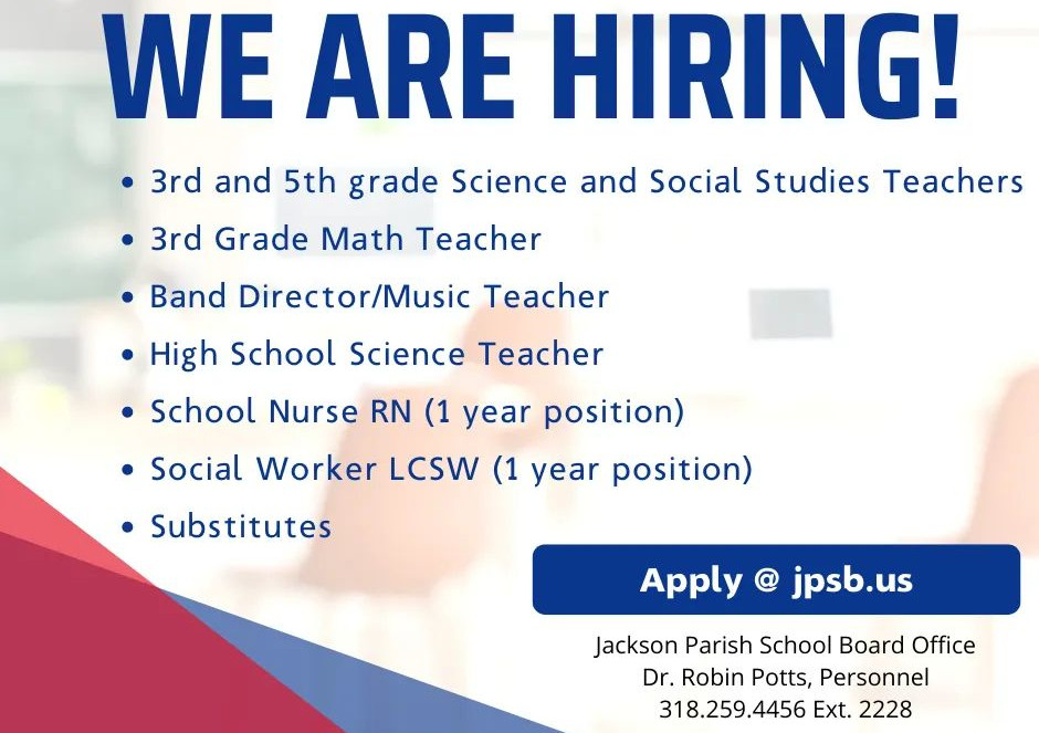 Jackson Parish School District still taking applications for variety of